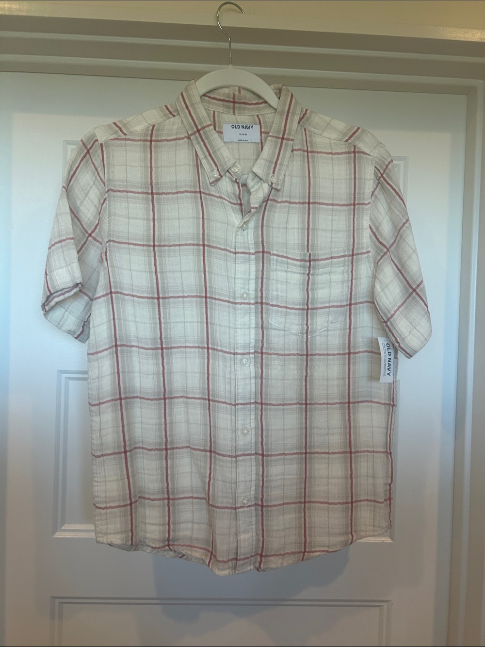 Old Navy Men’s Short Sleeve Button-Down Shirt - White with Red Plaid